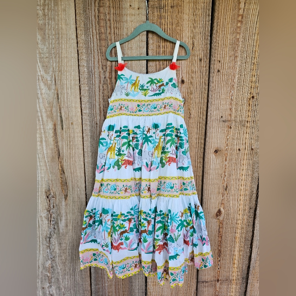 Mini Boden Tropical Print Tiered Sundress with Pink Pomstraps 9-10 Yrs